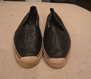 Burberry Black Leather Espadrille Slip-Ons with Embossed TB Logo